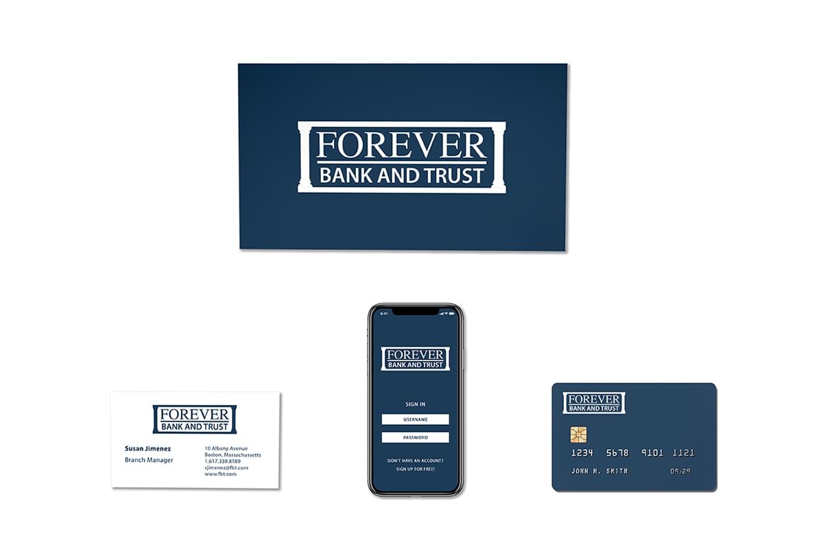 Forever Bank and Trust Logo, Credit Card, Business Card and App Screen Mockup